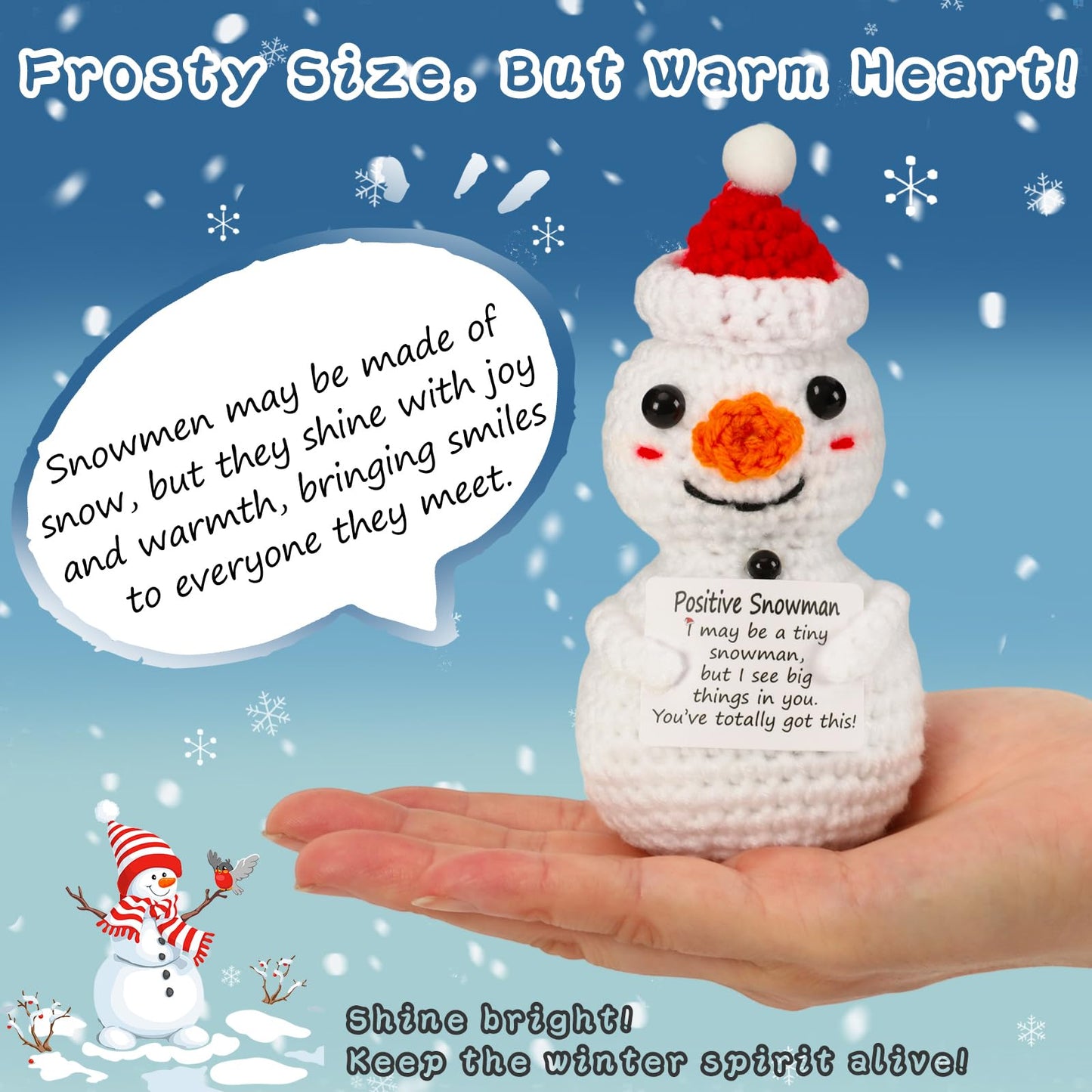 JULEASEL Mini Funny Positive Snowman Emotional Crochet Knitted Doll with Positive Card for Coworkers Best Friend Encouragement W