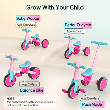 Bautia Kids Tricycle with Push Handle for Toddlers 1-4 Years Old Boys Girls Gift, 5 in 1 Baby Balance Bike for Toddlers 1-3 with
