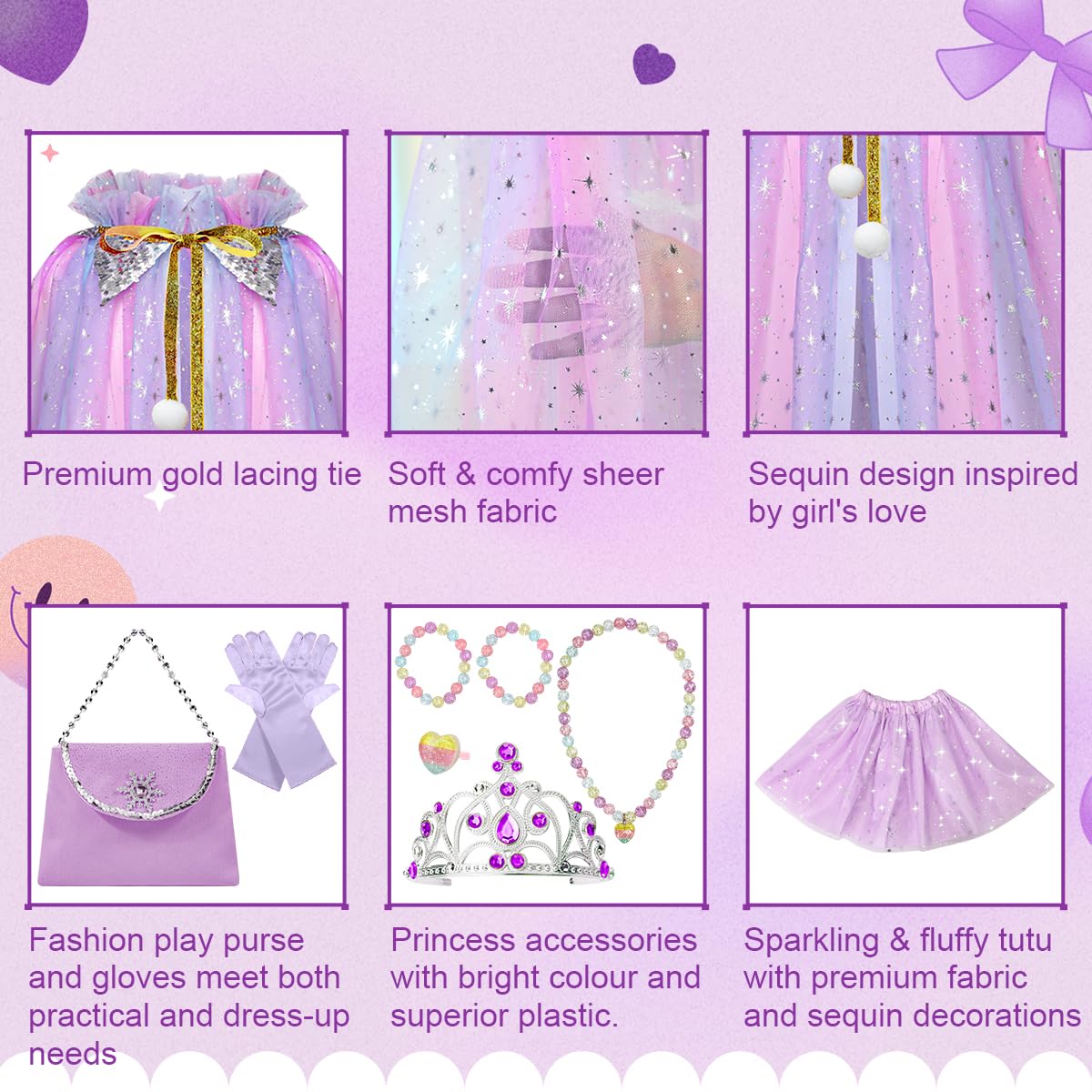 Meland Princess Dress Up For Girls, Light Up Princess Cape With Crown & Tutu, Dress Up Clothes For Halloween, Role Play, Girl To