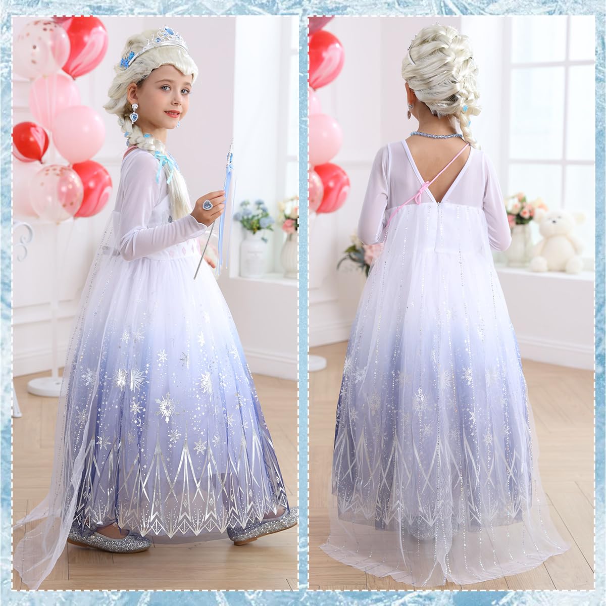 Luzlen Girls Princess Costume Kids Elsa Dress Up Outfit Halloween Birthday Party White Cosplay Dress With Wig Accessories,3-4 Years(Label 110)