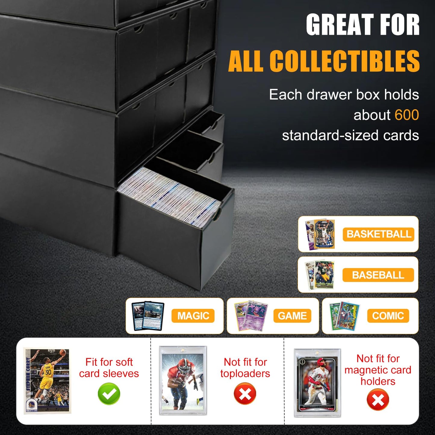 Wiessoc 12,000+ Trading Card Storage Box,Includes 12 Cardboard Card Storage Box & 60 Dividers & 12 Foam Supporters & Labels,Trad