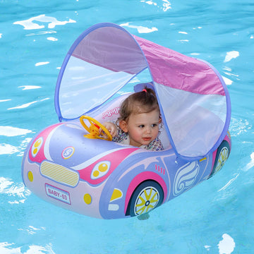 Swimbobo Toddler Pool Float Inflatable Car Baby Swim Float With Adjustable Sun Canopy And Safety Seat Pool Toys For Kids 1-4 Years Old (Princess Pink)