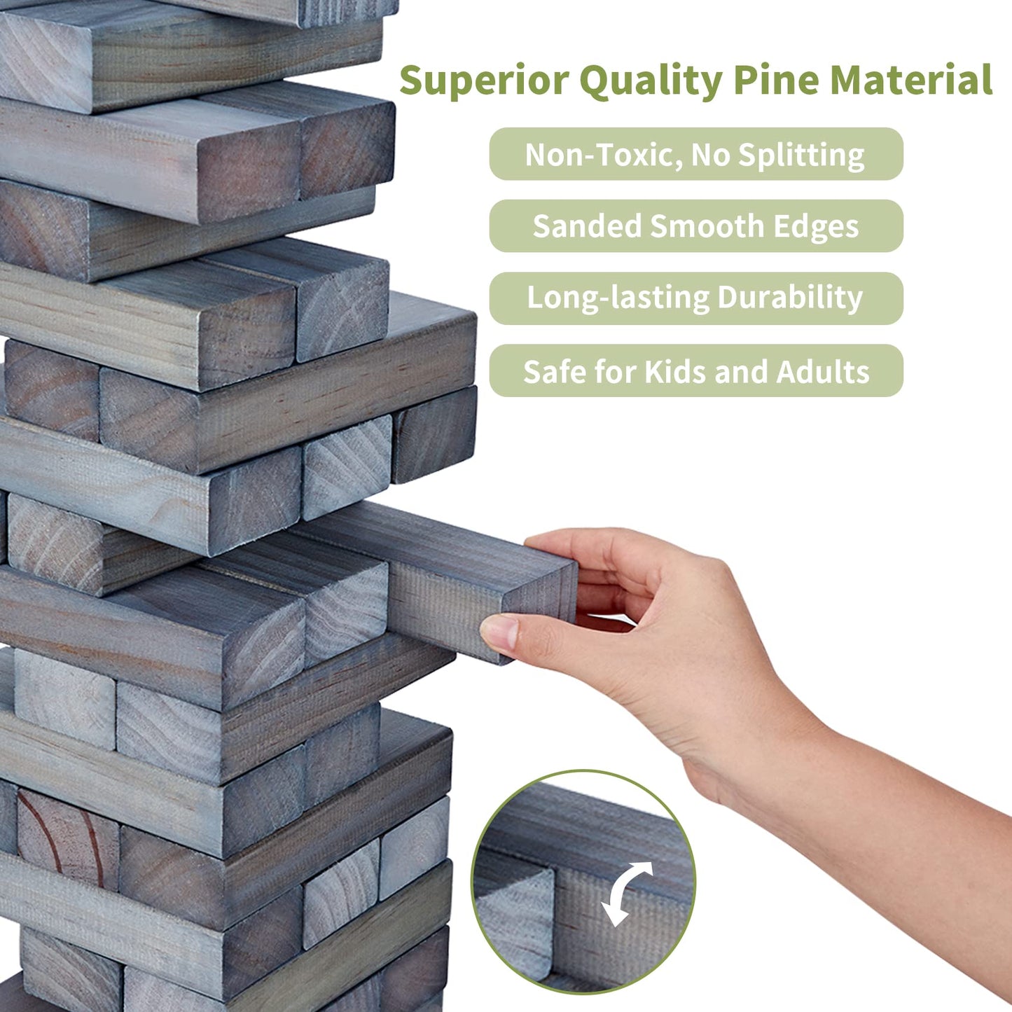 Apudarmis Giant Tumble Tower (Stack From 2Ft To Over 4.2Ft), 54 Pcs Pine Wooden Stacking Timber Game With 1 Dice Set - Classic Block Giant Outdoor Game For Teens Adults Family (Gray)