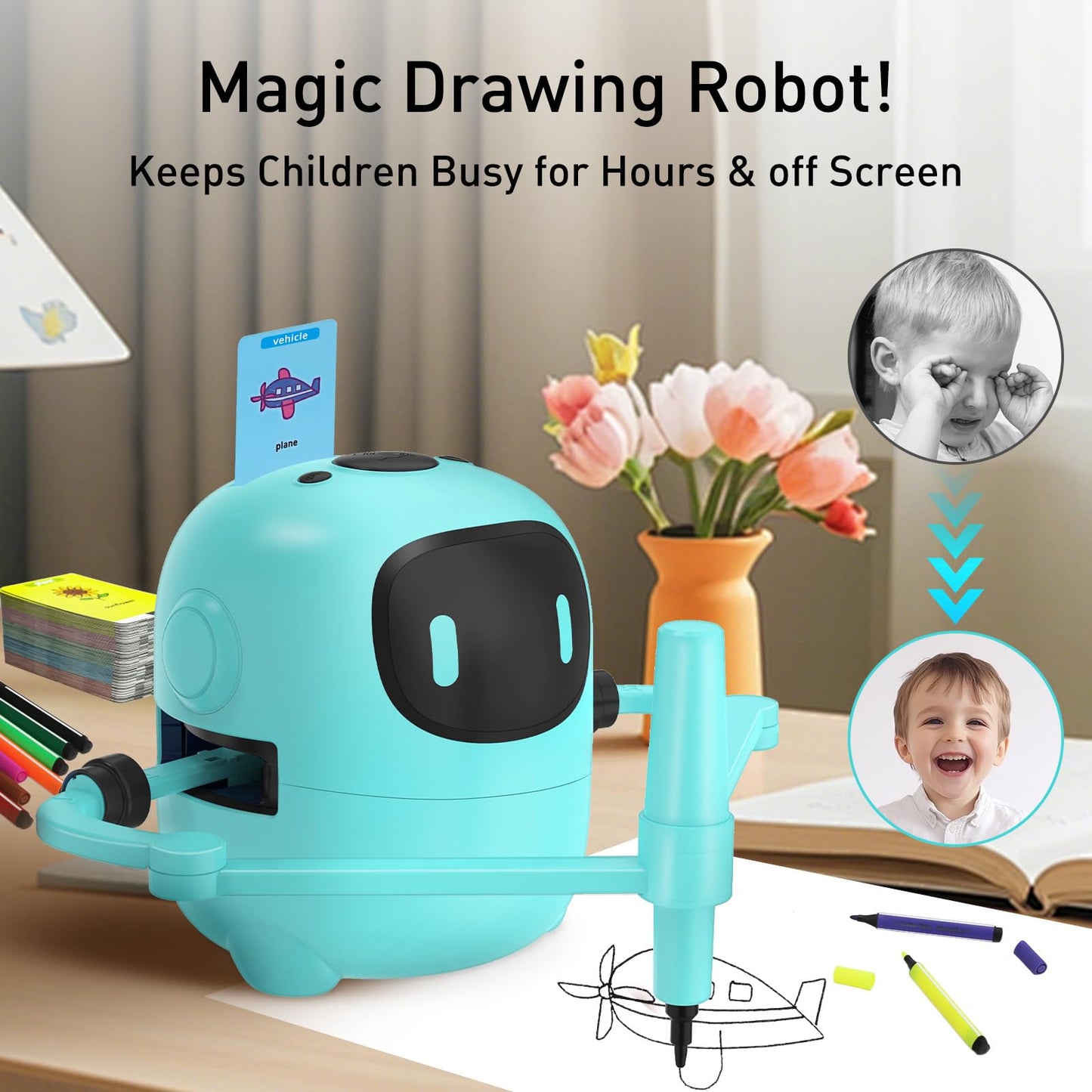 KRSEUB Upgraded Drawing Robot for Kids,Magic Drawing Robot with Cards,Interactive Montessori & Screen-Free Smart Robot Drawing M