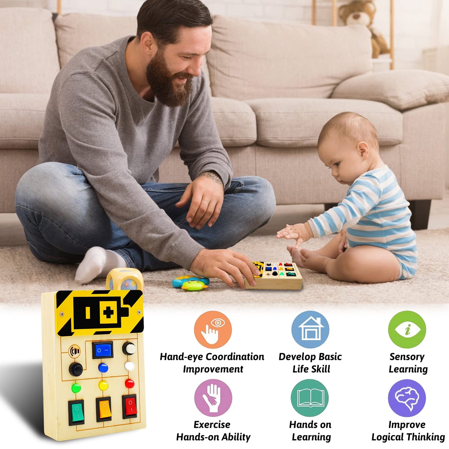 Toddler Toys Busy Board Montessori Toys Sensory Toys For Toddlers 1 2 3 4 Years Old, Wooden Travel Light Up Busy Board Toys With Buttons To Push Educational Learning Fidget Toy For Boy Girls Gifts