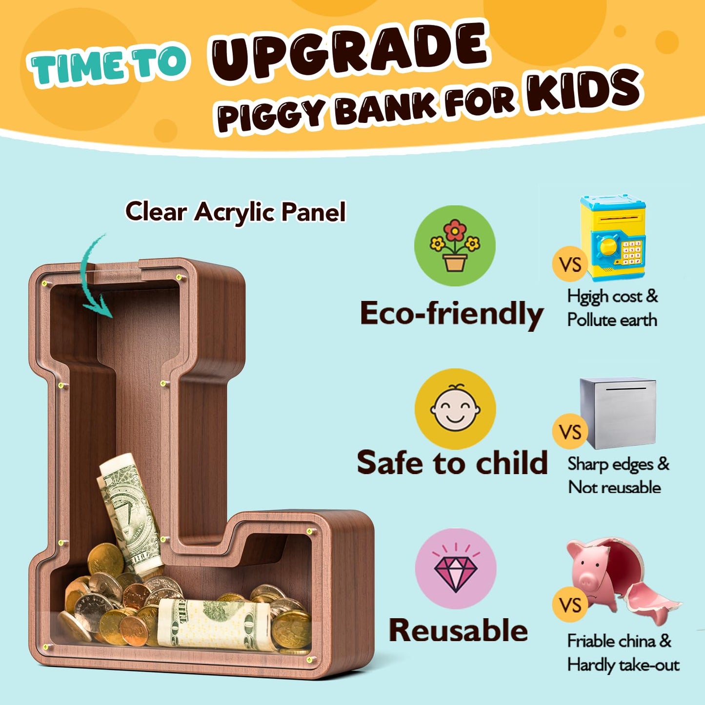Summidate Wooden Letter Piggy Bank  Extra Thick Large Capacity Piggy Bank for Kids Boys Girls Toddler  Alphabet L Money Bank| Coin Box Birthday  Christmas  Festival