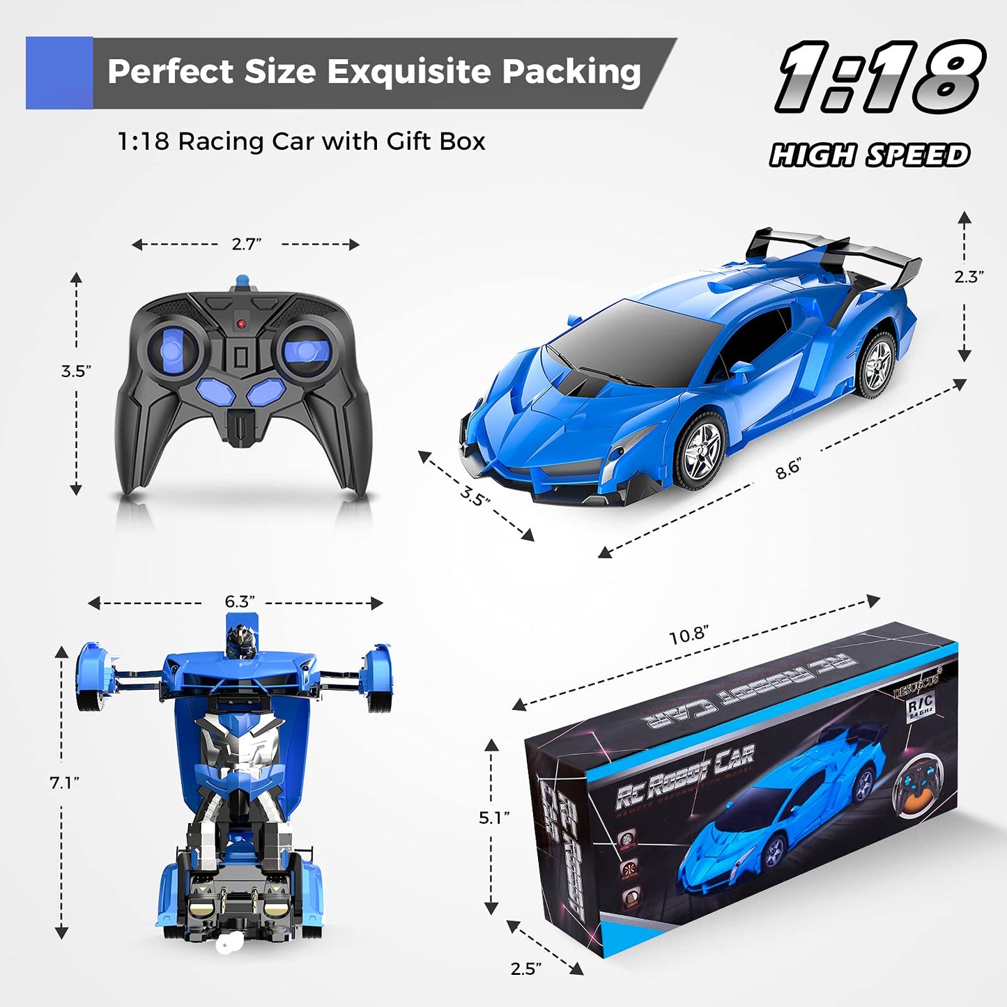 Desuccus Remote Control Car, Transform Robot RC Car for Kids, 2.4Ghz 1:18 Scale Model Racing Car with One-Button Deformation, 36
