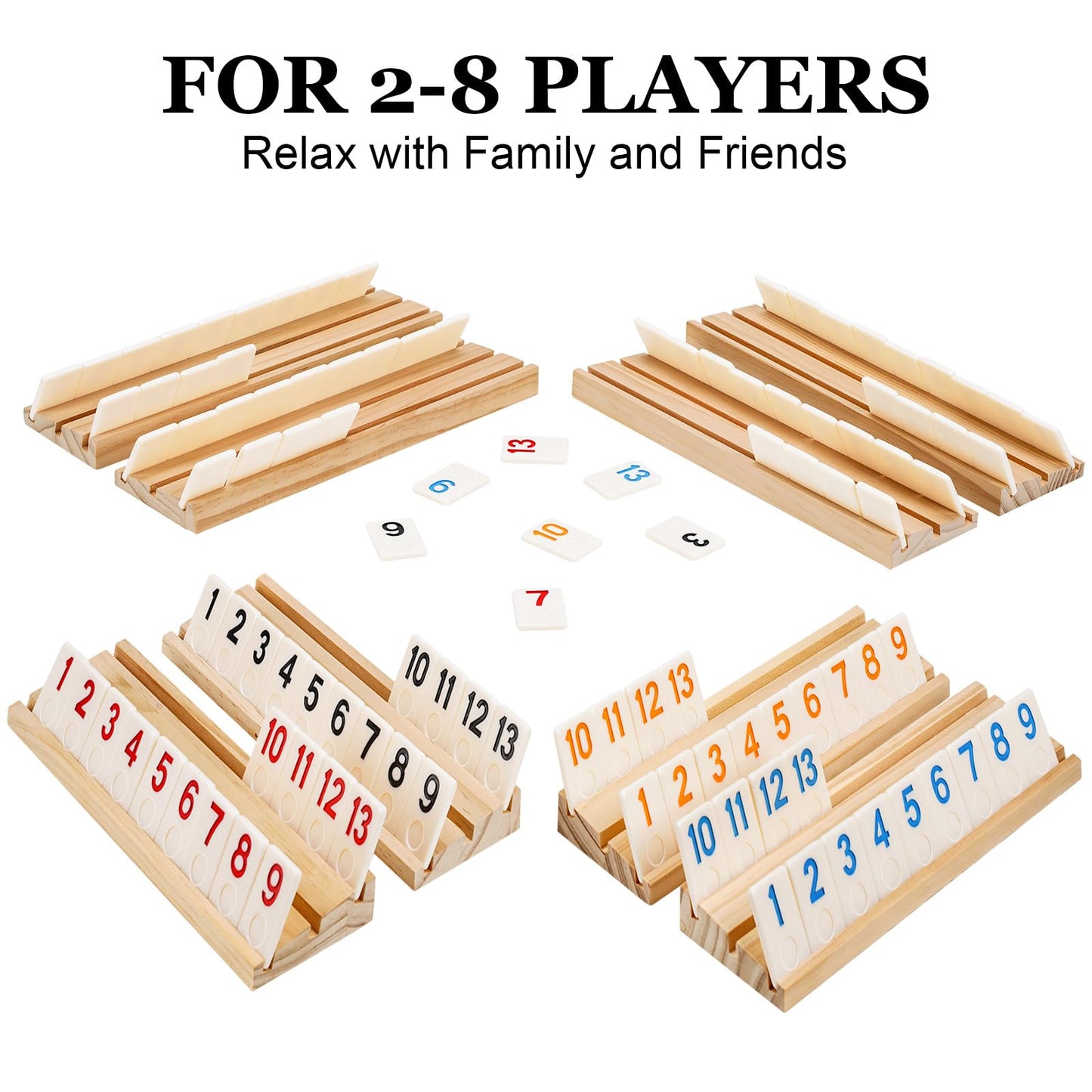 Elanbells Rummy Cube Board Game Set for 6-8 Players, 214 Melamine Tiles, 8 Wooden Racks, Portable Case, Travel Ready