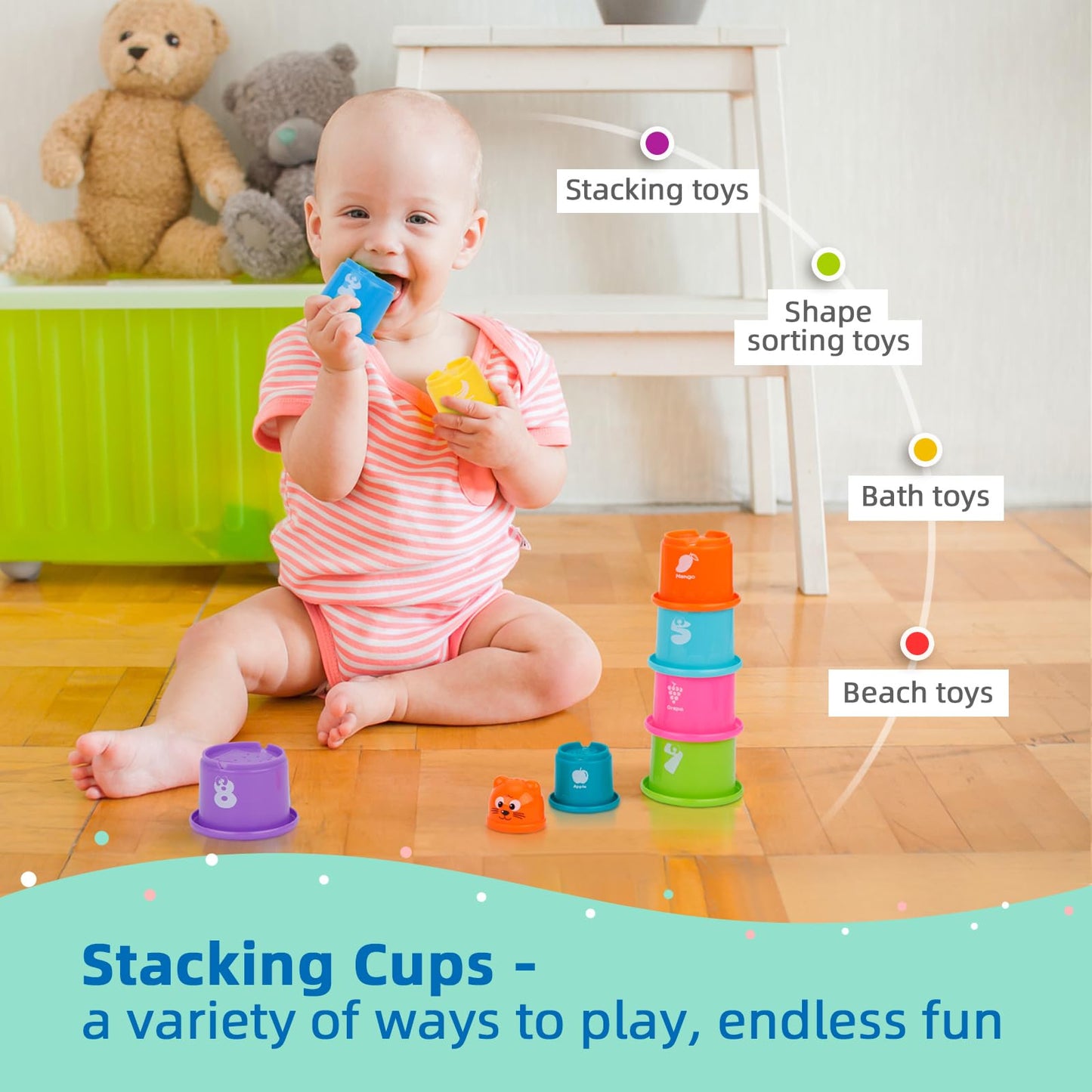 TOOKYLAND Montessori 8-in-1 Educational Wooden Toys Set for 1 Year Old, Rainbow, TK752