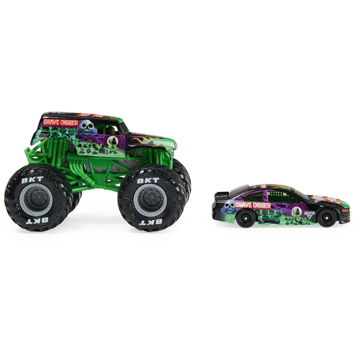 Monster Jam 1:64 Scale Diecast 2-Pack - Grave Digger Monster Truck & Race Car - Various Colors