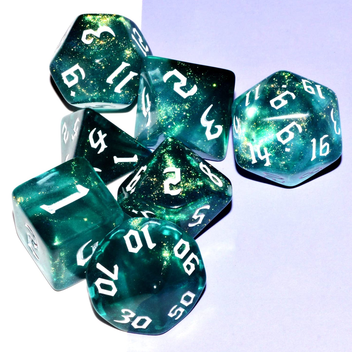 Galaxy Dice Set| Dark Green Mix Cyan Crystal DND Dice Set for Board Game