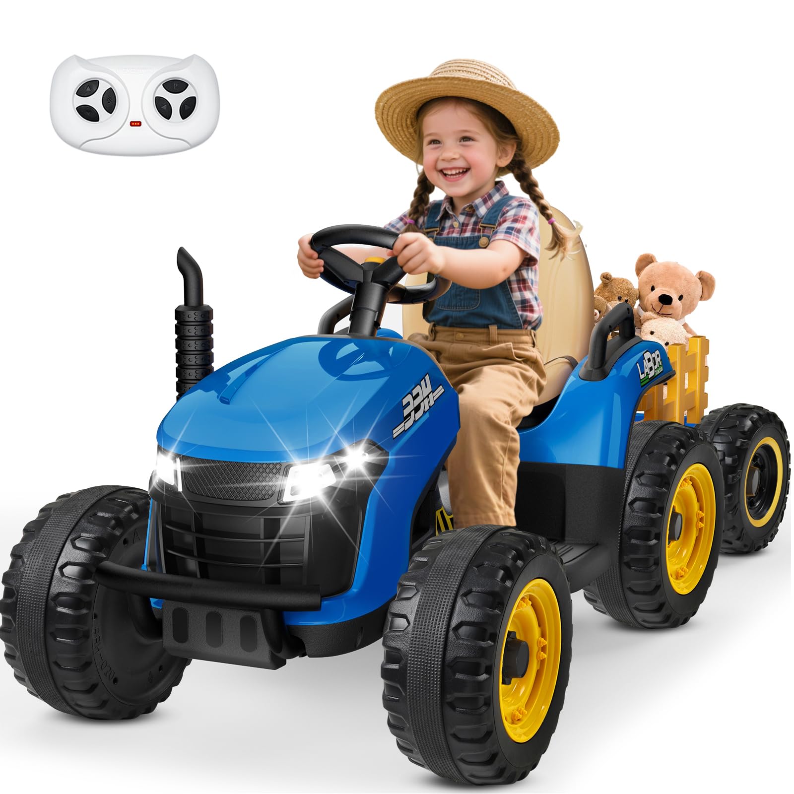 ANPABO 24V Ride On Tractor w/Tiltable & Detachable Trailer, EVA Tires, Up to 4.3Mph, Ride On Toys with Parental Remote, Realisti