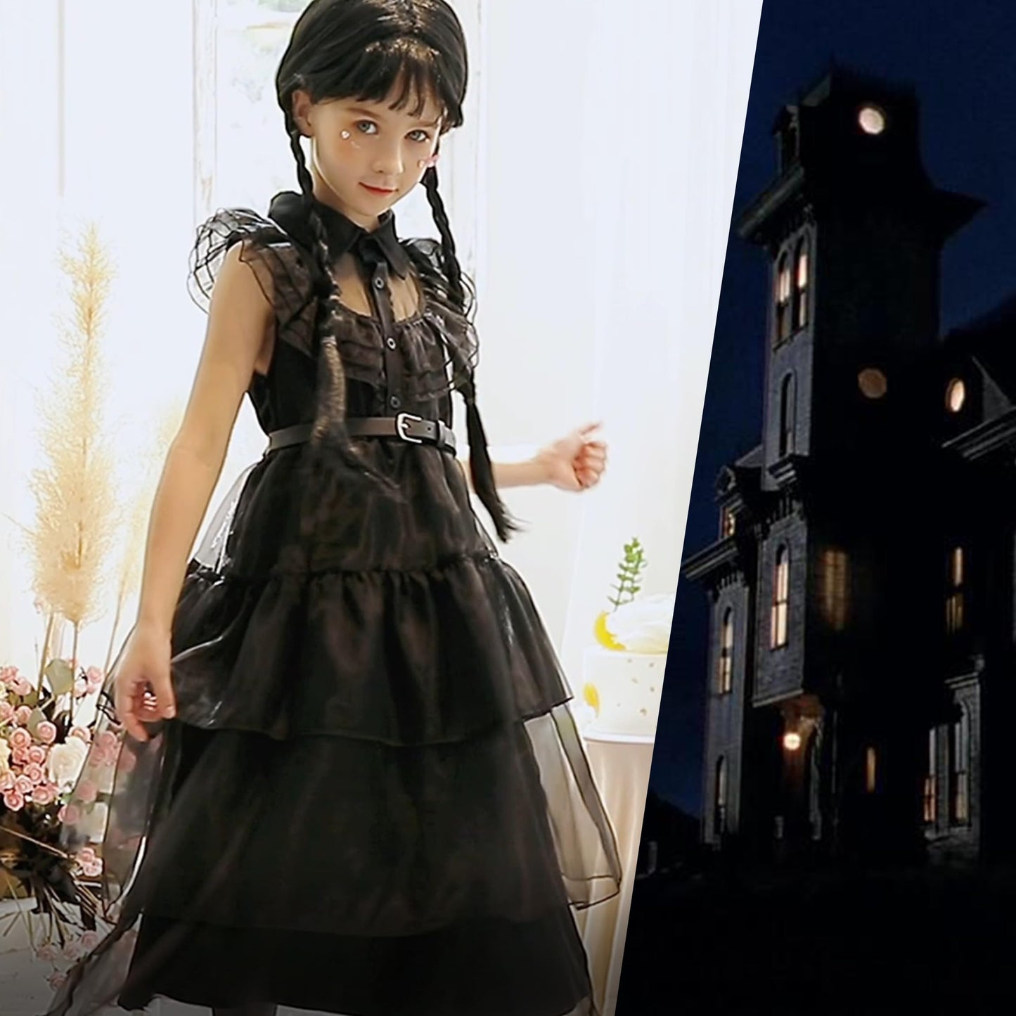 Isswya Girls Black Dress Up Costume For Kids Halloween Cosplay Party Dress With Wig Belt Socks 7-8Y