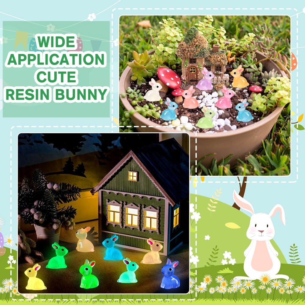 DULEFUN 70pcs Easter Luminous Mini Resin Bunny 7 Colors Little Small Glow in The Dark Rabbit Bunny Figures for Dollhouse Micro F