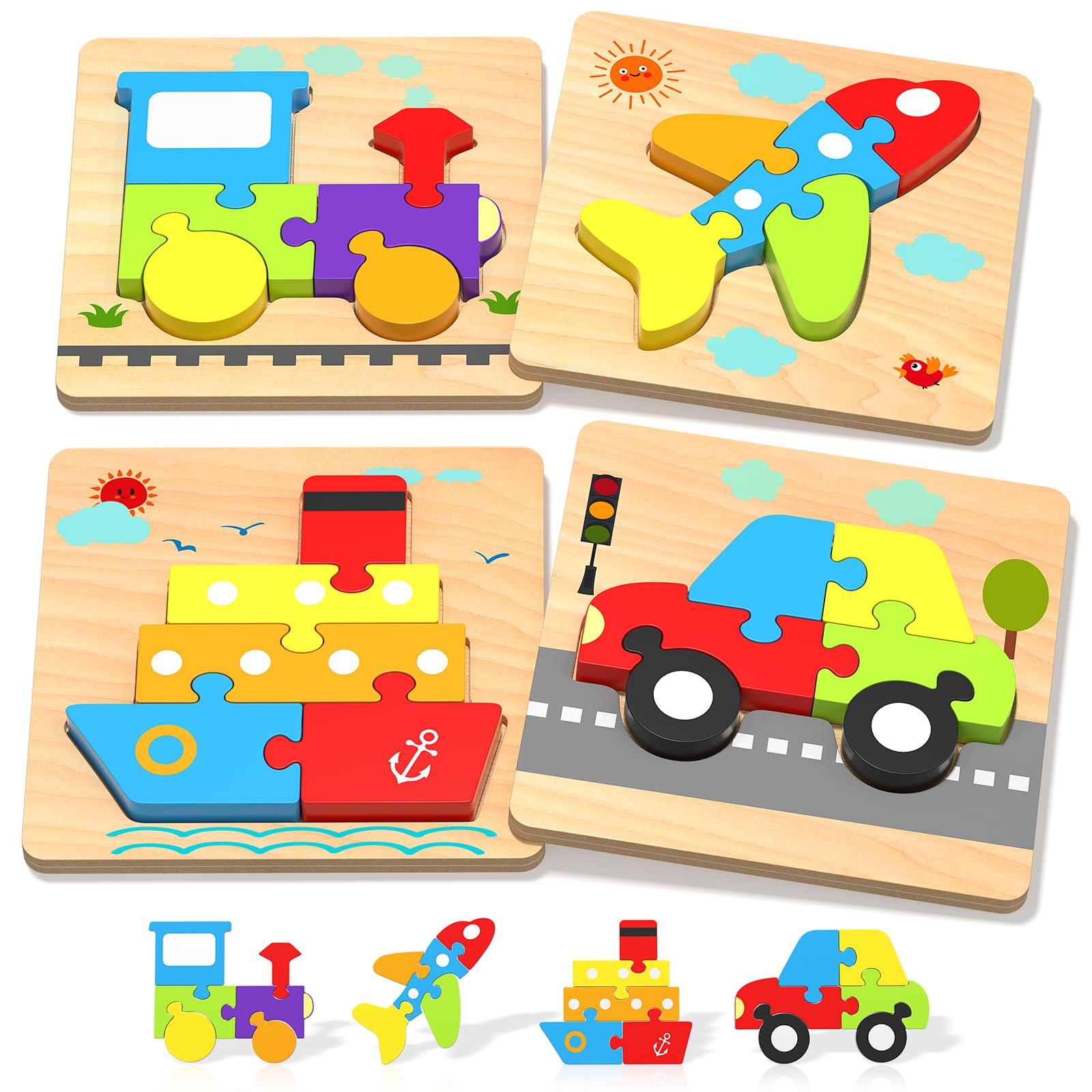 Wooden Puzzles Toddler Toys For 1 2 3 Years Old Boys Girls, 4 Vehicle Shape Learning Educational Blocks Birthday Gifts Sensory T