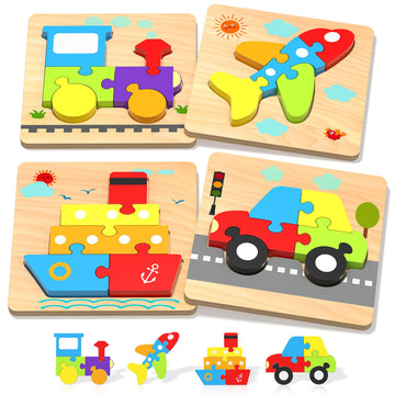 Wooden Puzzles Toddler Toys For 1 2 3 Years Old Boys Girls, 4 Vehicle Shape Learning Educational Blocks Birthday Gifts Sensory T
