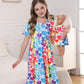 Bow Dream Girl Dress & Doll Clothes Set, Heart Shaped Print, Size 140, Polyester, Perfect for 9-10 Years