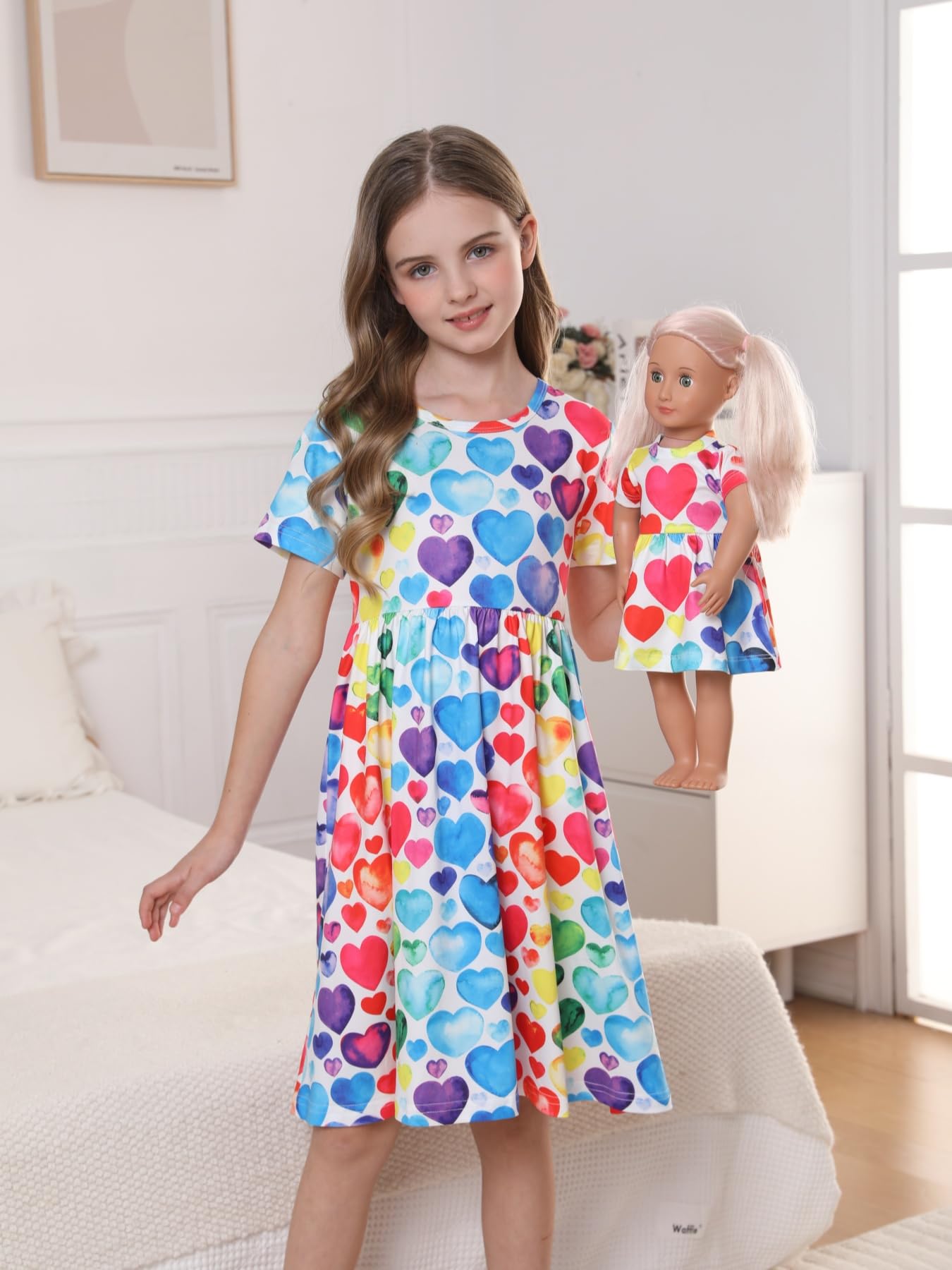 Bow Dream Girl Dress & Doll Clothes Set, Heart Shaped Print, Size 140, Polyester, Perfect for 9-10 Years