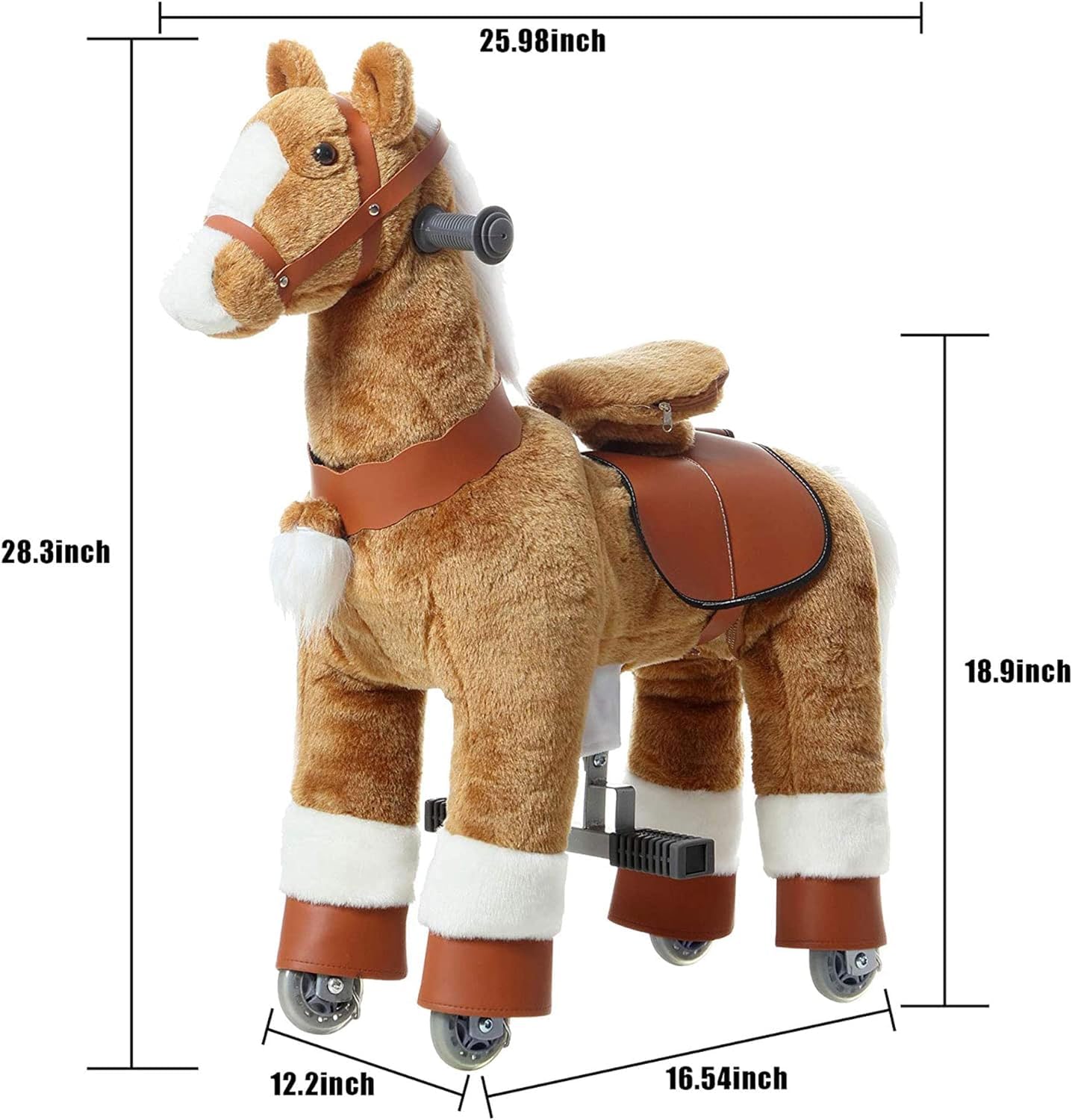 PONYEEHAW Ride on Horse Toy for Kids, Brown Plush Animal, 25.9" L x 12.2" W x 28.3" H, Ages 3-