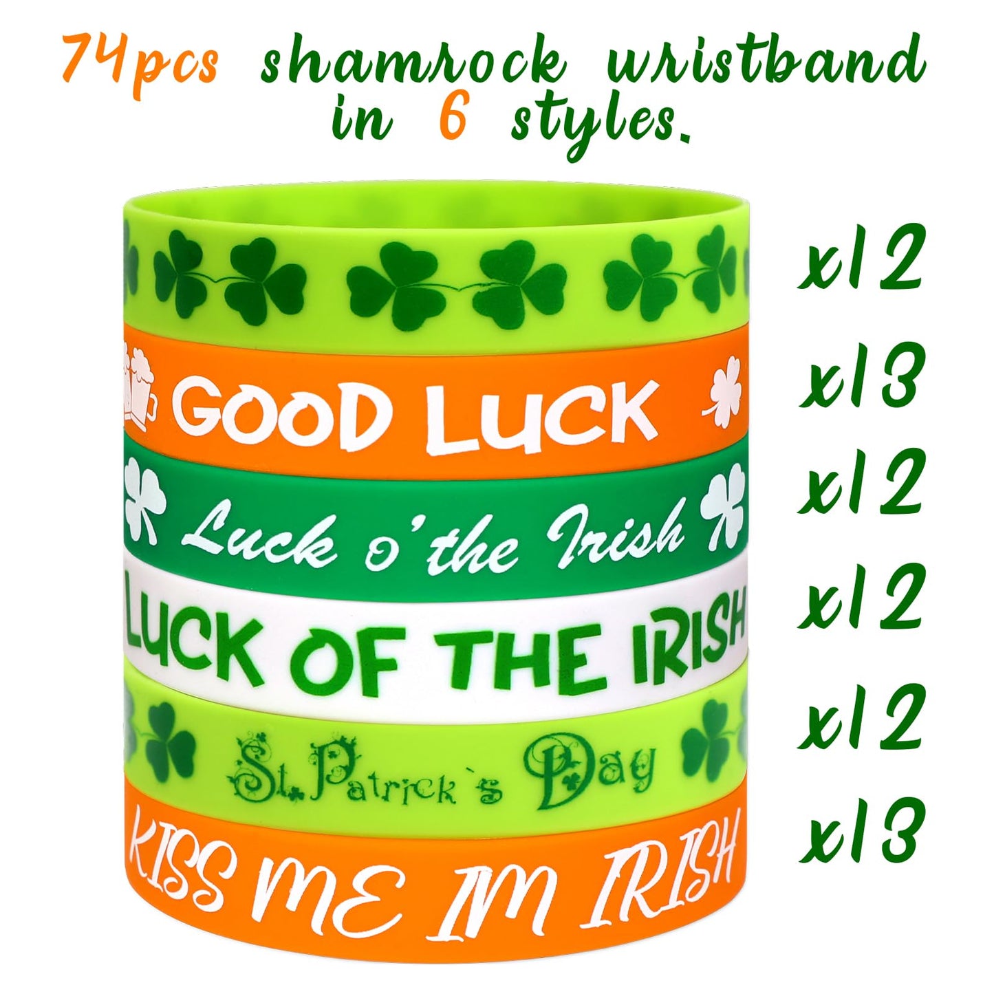 Moon Boat 74Pcs St. Patrick'S Day Shamrock Rubber Wristbands Bracelets - Party Favors Supplies Gifts Decorations, 6 Styles