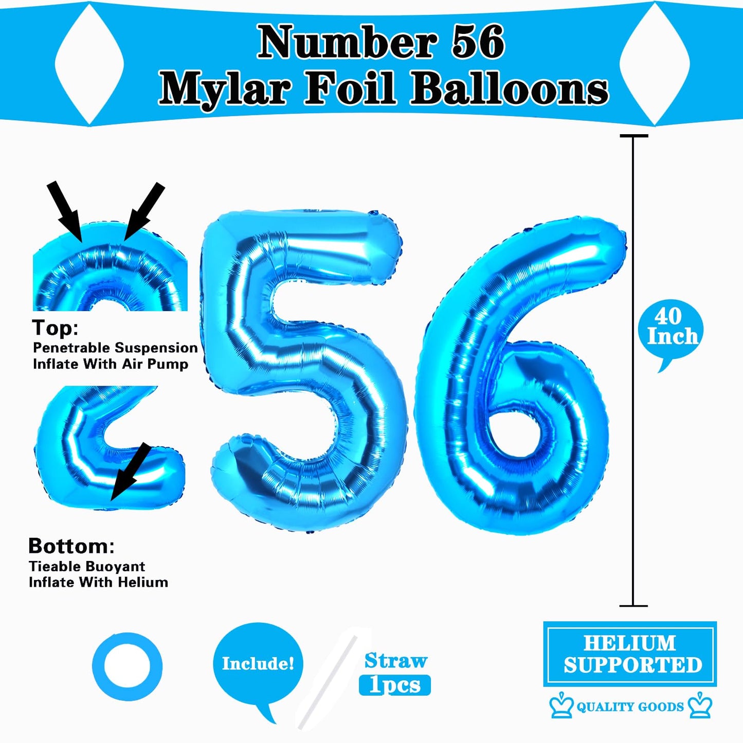 Uwpvowsr Blue Number 56 Balloons 40'' Foil Number Balloon 56Th Birthday Balloons Digit 56 Helium Big Balloons For Birthday Party