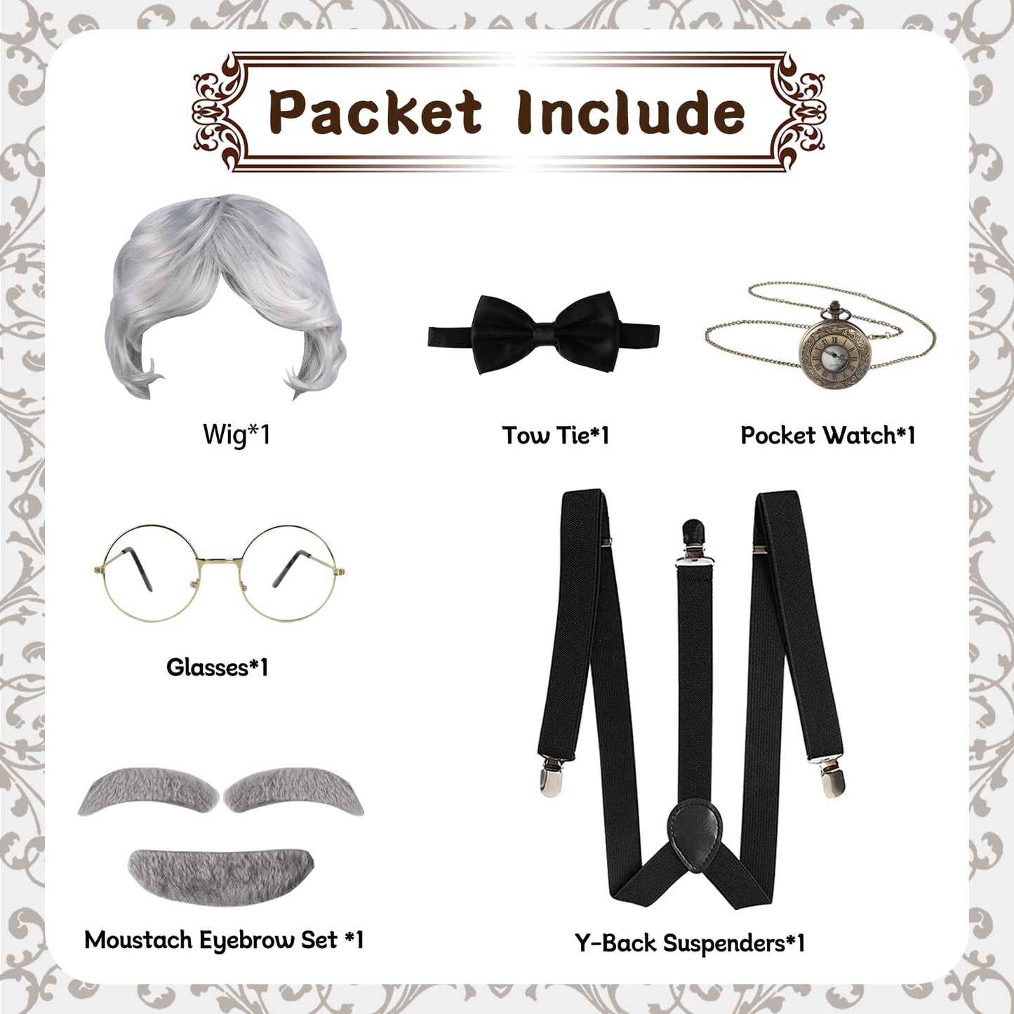 Fraiieon 1920S Old Man Costume Set For Kids - 100Th Day Of School Grandpa Cosplay Accessories (Wig, Glasses, Bow Tie, Suspenders