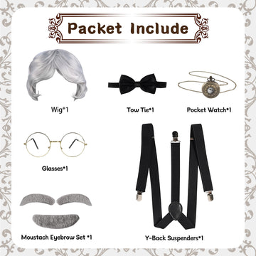 Fraiieon 1920S Old Man Costume Set For Kids - 100Th Day Of School Grandpa Cosplay Accessories (Wig, Glasses, Bow Tie, Suspenders