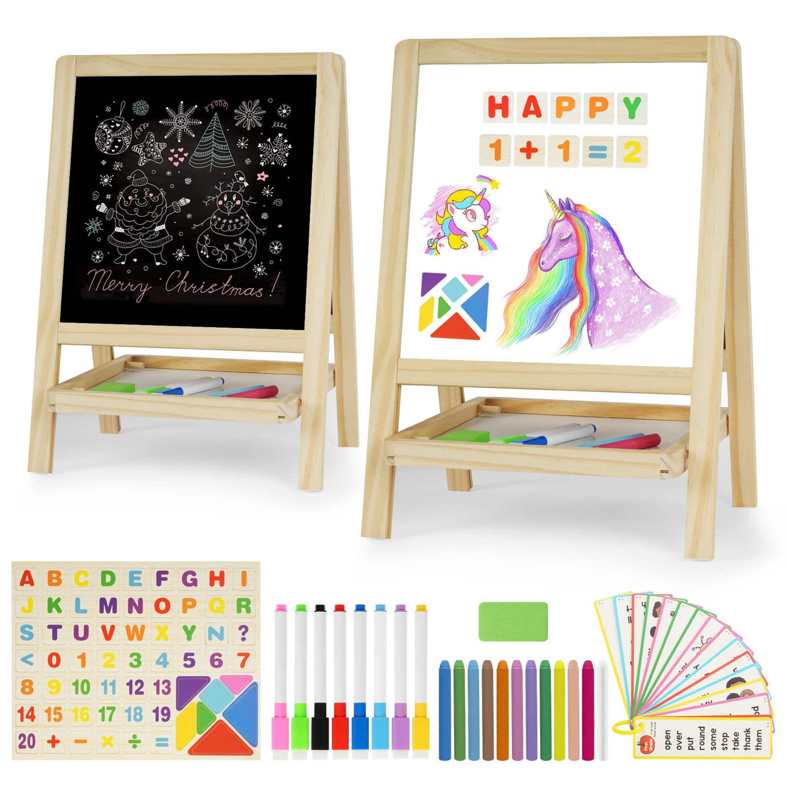 Kids Tabletop Double-Sided Wooden Art Easel - Chalkboard & Whiteboard Painting Board for Toddlers, Dry-Erase Classroom Desk Ease