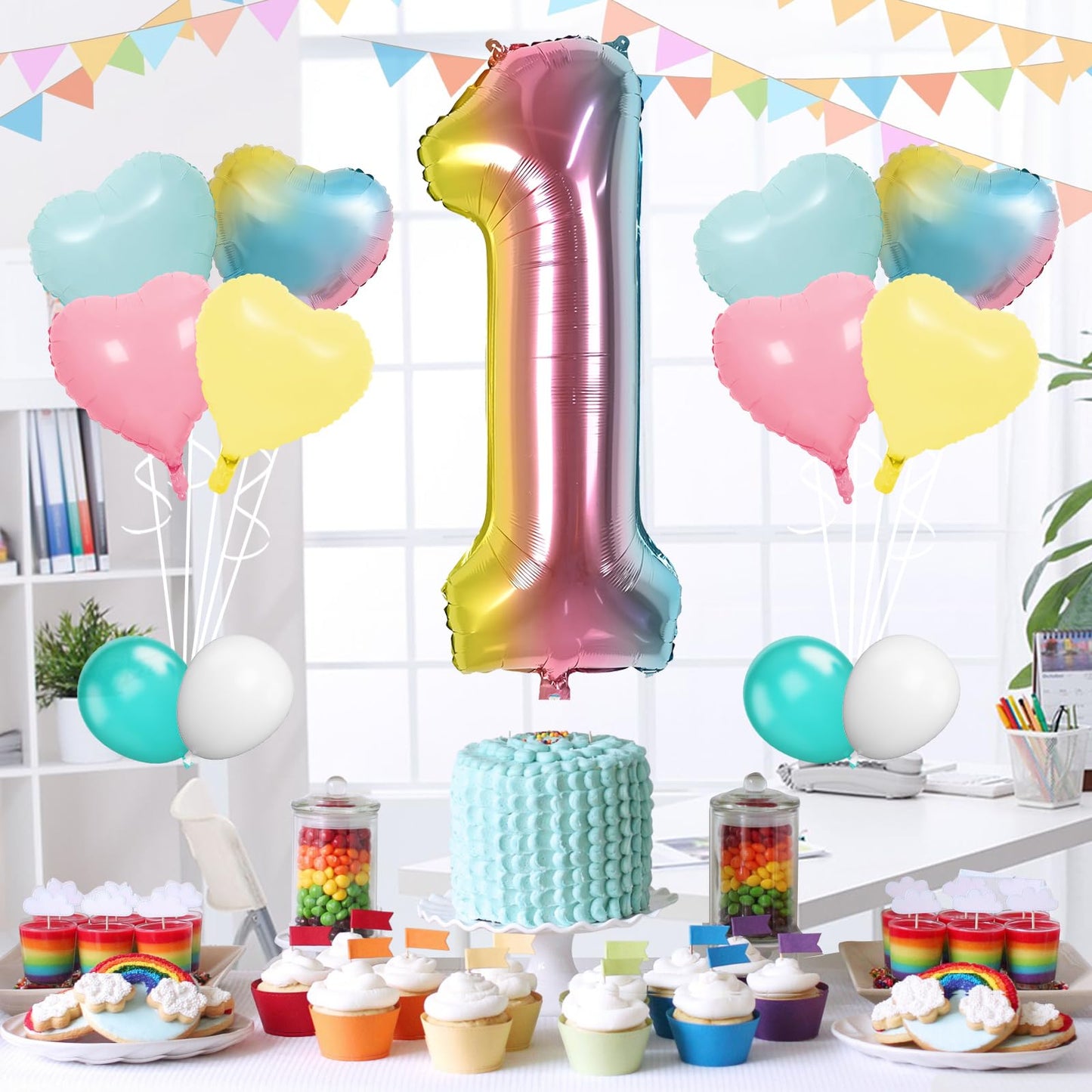 Biapian 40 Inch Rainbow Number 1 Balloons, 7Pcs Large Gradient Number One Balloon With Pink Blue Yellow Foil Heart Balloons For