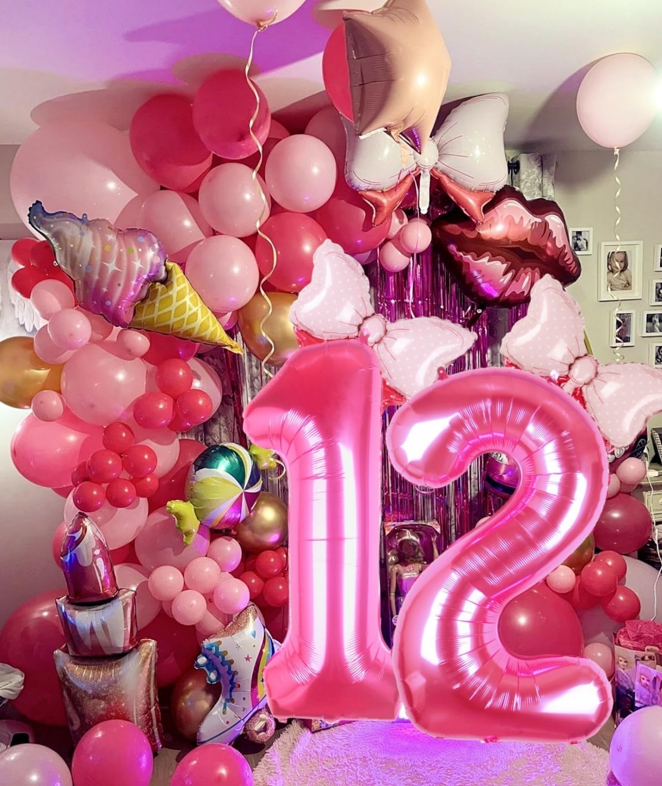 Kwuz 40 Inch Pink Number 12 Balloon with Mini Bow Balloons for Girls 12th Birthday Party Decoration, Pink Princess Western Cowgi