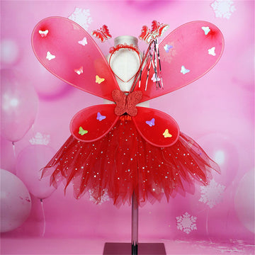 Purfeel Girls Led Light Up Angel Wings Kids Butterfly Wings Costume 4Pcs Sets Red