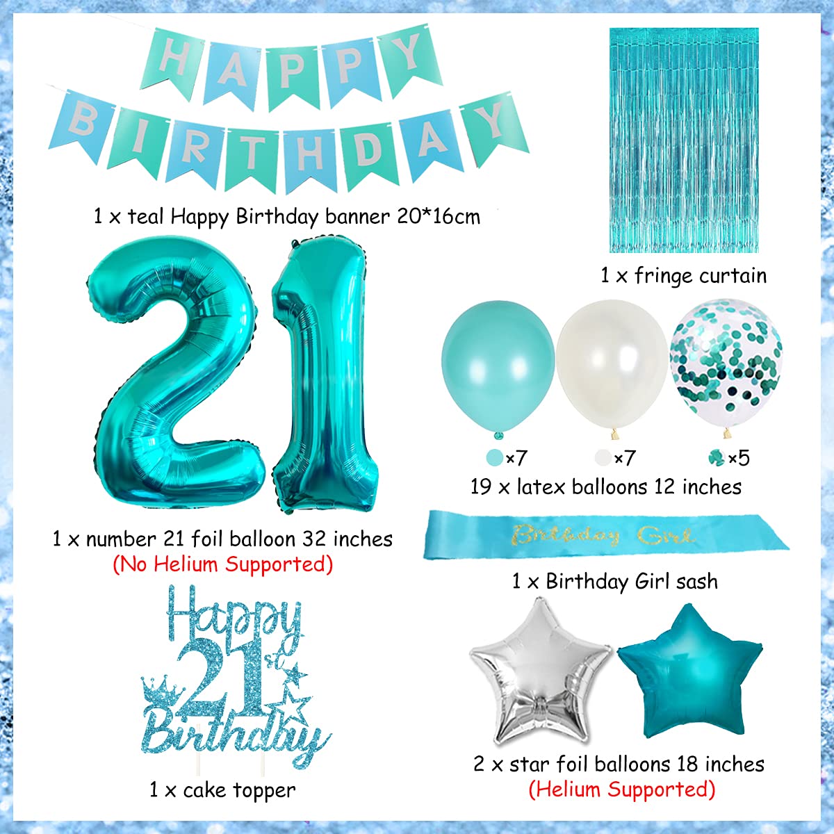 21St Birthday Decorations For Women Girls Her Teal - Happy Birthday Banner Cake Topper Birthday Girl Sash Number 21 Foil Balloon