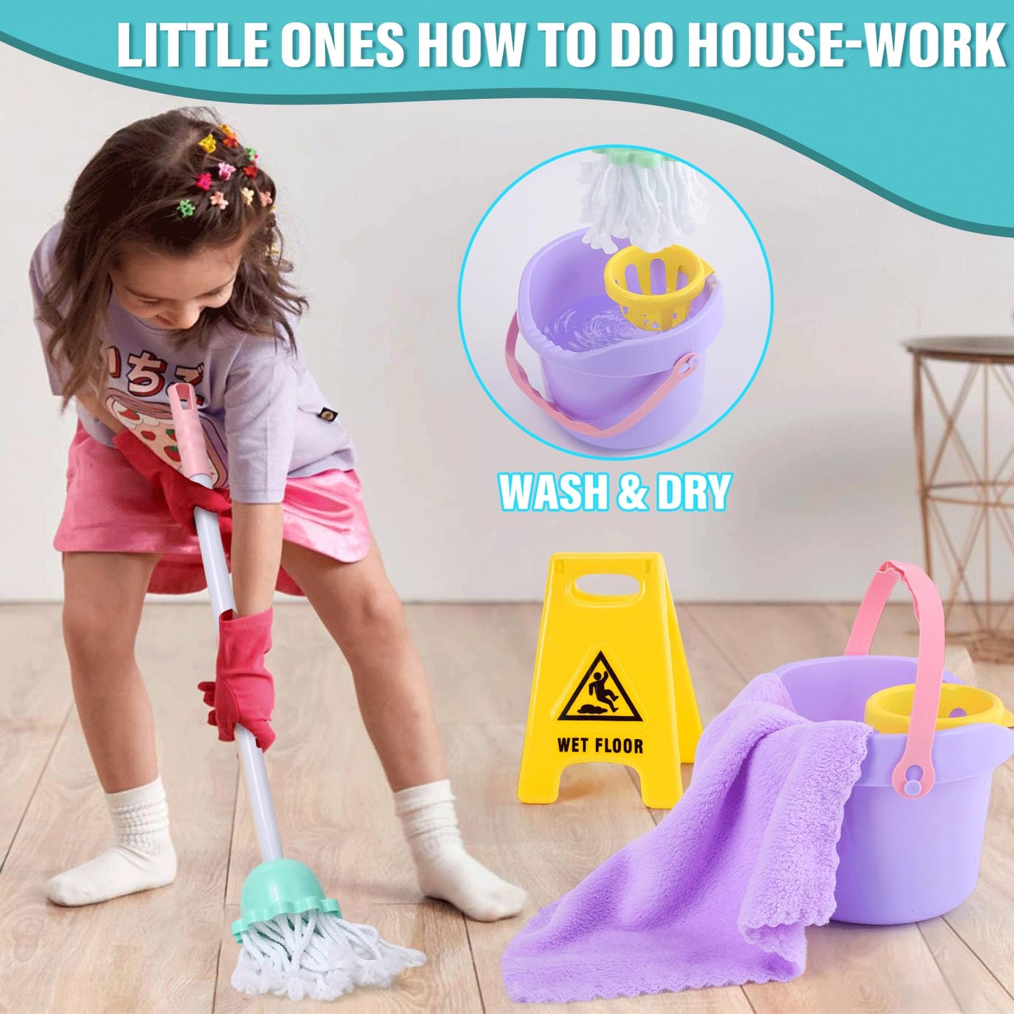Tuzt 14Pcs Toddler Kids Cleaning Toy Set, Kids Adjustable Mop Broom & Dustpan Set, House Cleaning Tool Toys For Toddlers 1-3,Mon