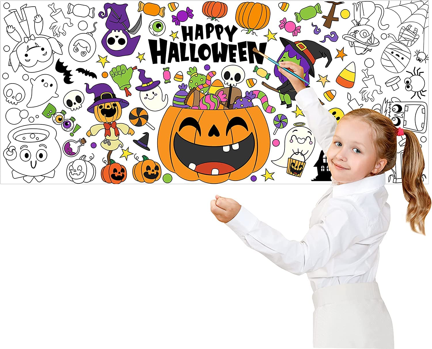 Haooryx Giant Halloween Theme Coloring Poster 4.6 x 2ft Jumbo Paper Happy Halloween Coloring Blank Banner with Pumpkin Witch Col