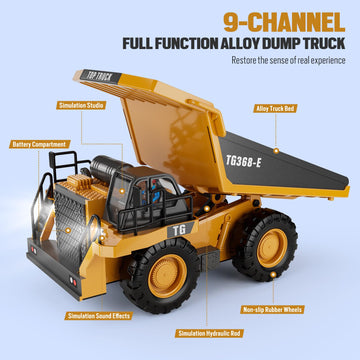 Kidmarkt Rc Dump Truck Toy, 9-Channel Remote Control Toy With Metal Bed & Light, Rechargeable Battery, Kids Construction Vehicle