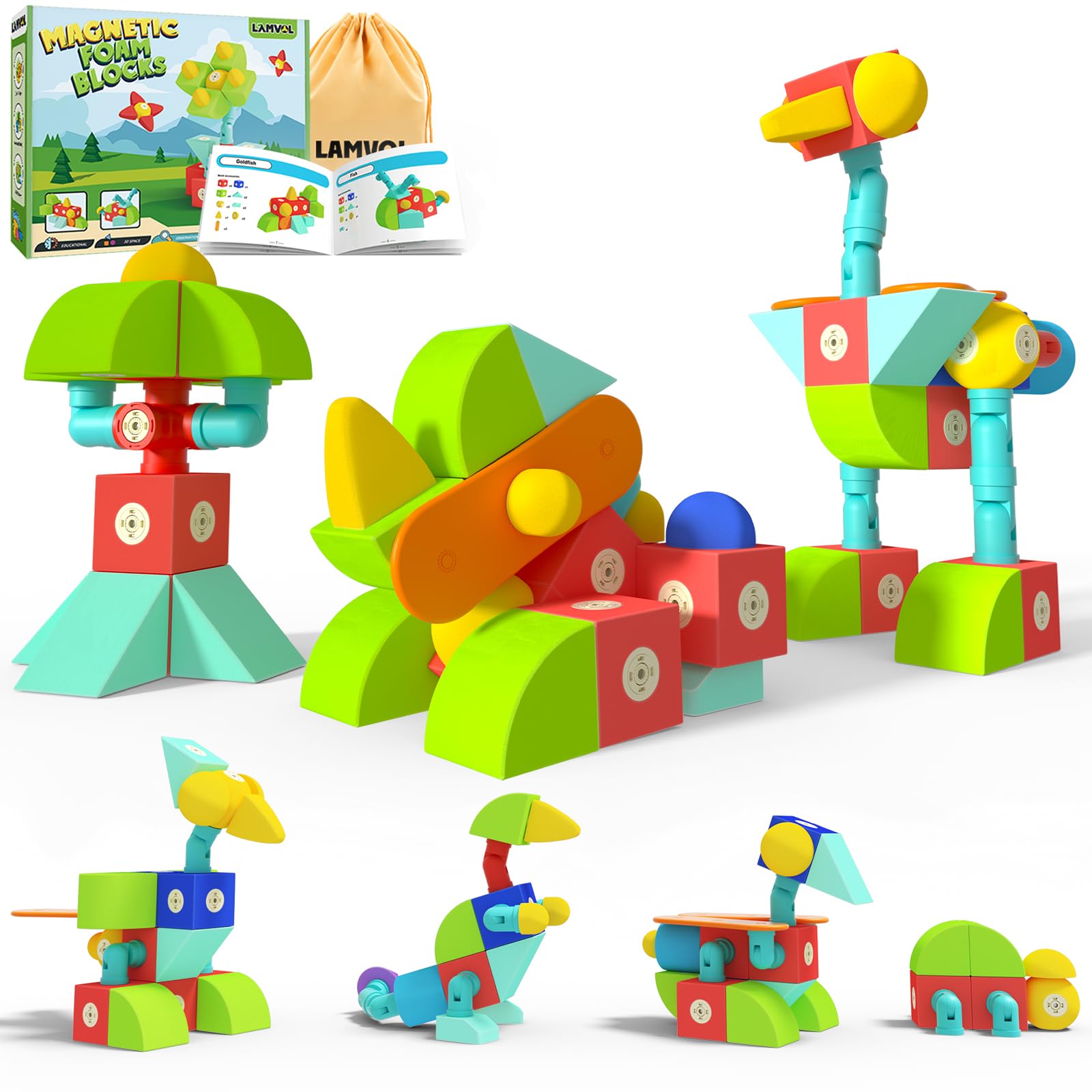 Lamvol Foam Magnetic Blocks - Advanced Set, Building Blocks Toddler Stem Sensory Outdoor Toys For 3+ Year Old Boys & Girls, Crea