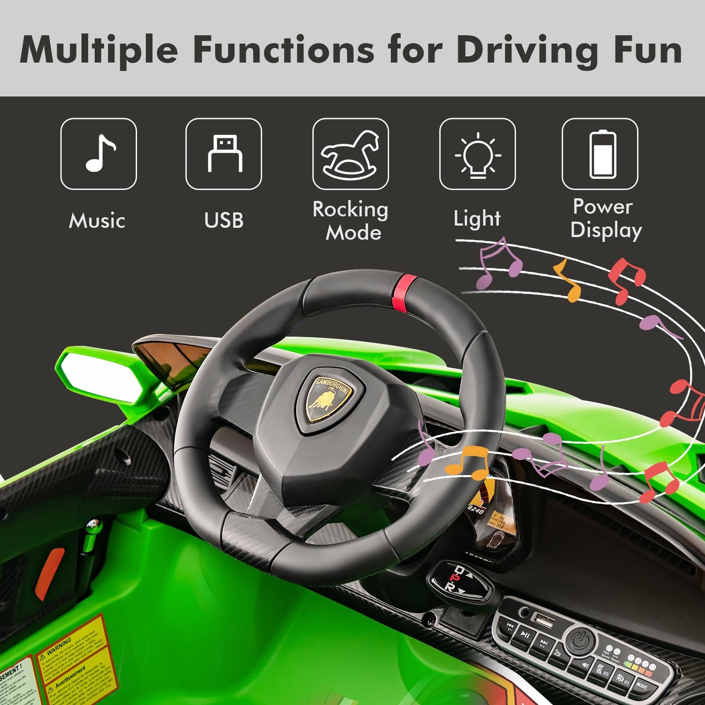 Infans 2 Seater Kids Ride On Car, 12V 4Wd Licensed Lamborghini Veneno Powered Electric Vehicle With Hydraulic Doors, Rocking Mode, Adjustable Speeds, Remote Control, Mp3, Headlight (Green)