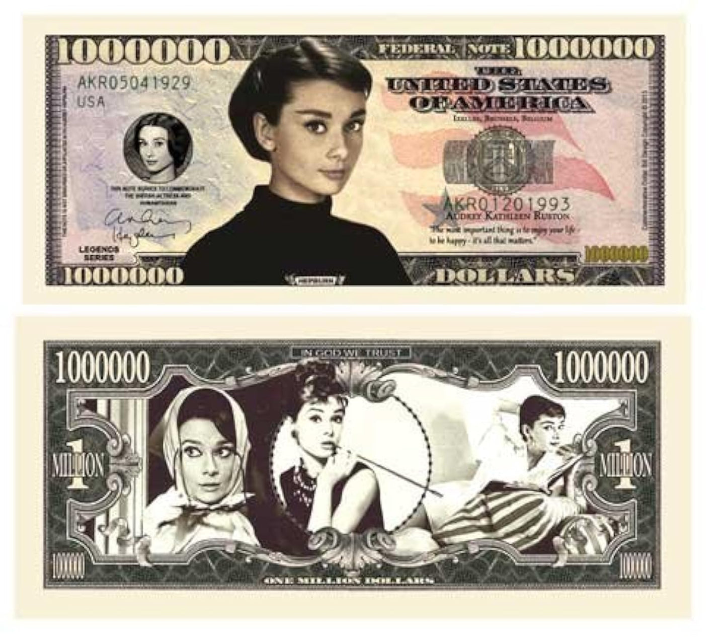 American Art Classics Audrey Hepburn Collectible Million Dollar Bill - Novelty Paper Money, Varies Color, Model NM414-1