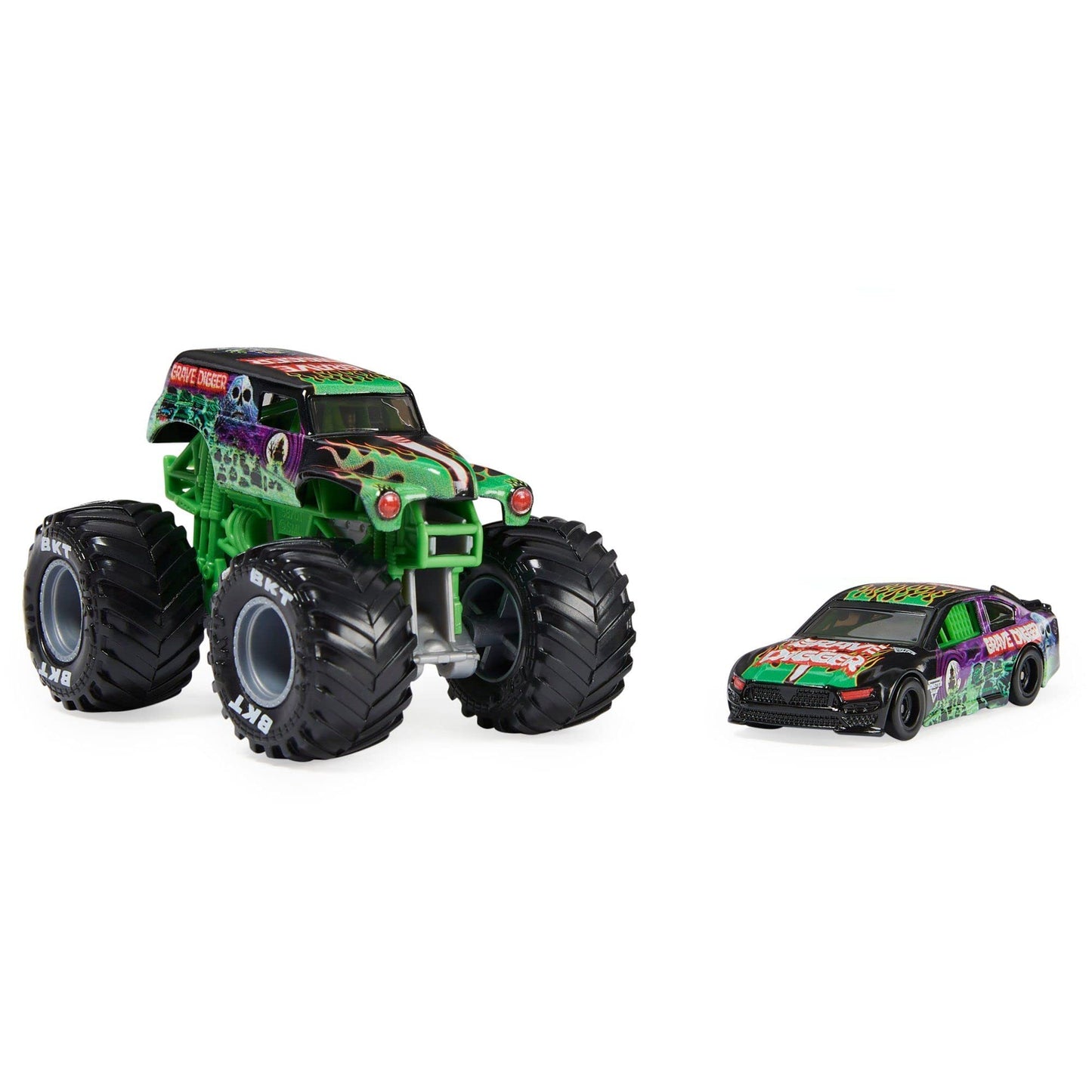 Monster Jam 1:64 Scale Diecast 2-Pack - Grave Digger Monster Truck & Race Car - Various Colors