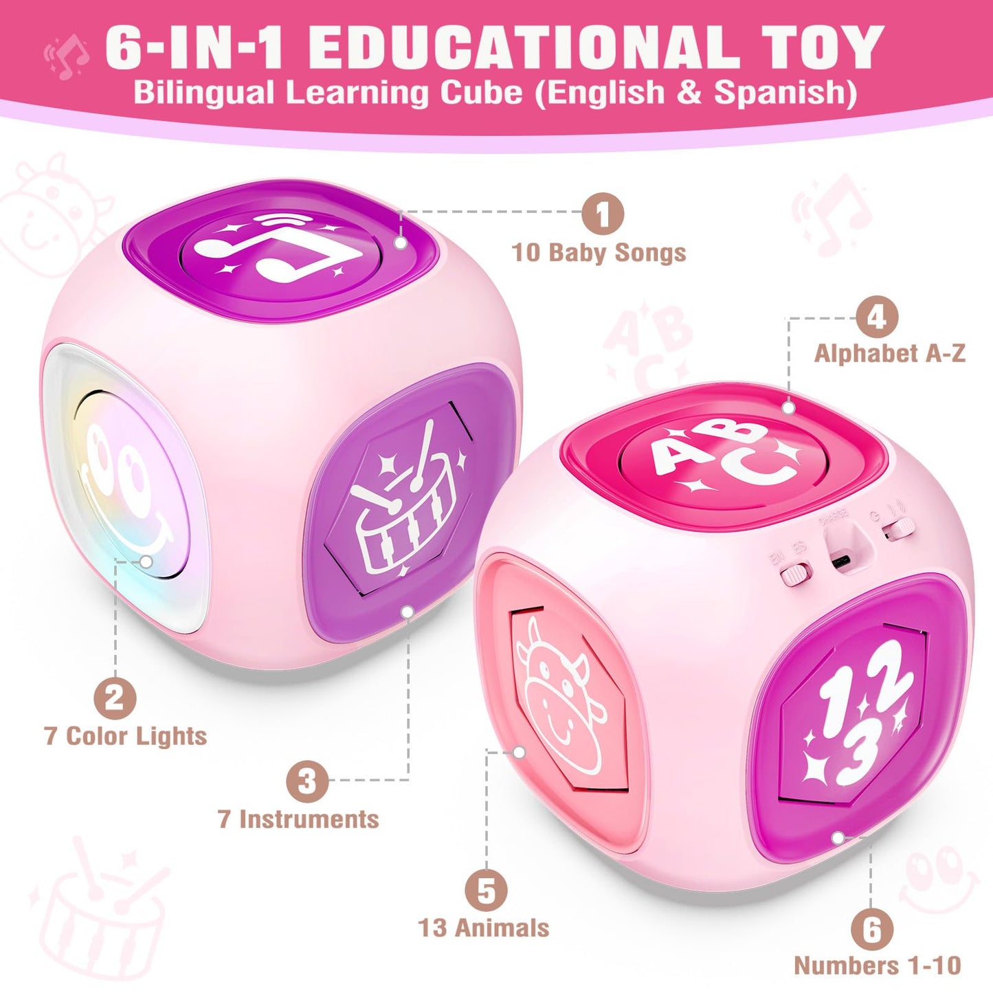 Musical Learning Toys For 1+ Year Old Girl, Bilingual Early Learning Educational Cube With Light & Sound, Baby Girl Toys 12-18 M