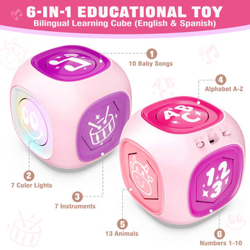 Musical Learning Toys For 1+ Year Old Girl, Bilingual Early Learning Educational Cube With Light & Sound, Baby Girl Toys 12-18 M