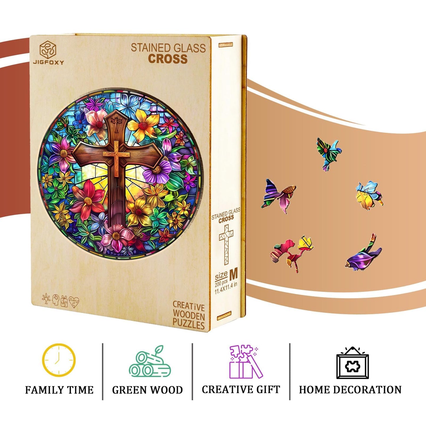Jigfoxy Wooden Puzzles for mature-themeds  Stained Glass Cross Wood Puzzles mature-themed  Unique Animal Shape Wooden Jigsaw Puzzles for mature-themeds  Birthday Gifts for Puzzle Lovers  Family (S-8.5 * 8.5in-100pcs)