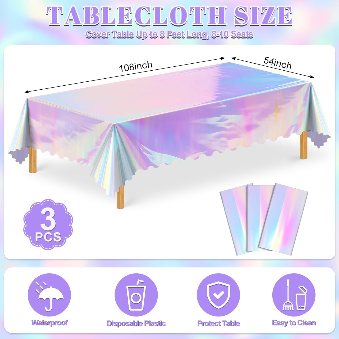 3 Pcs Iridescent Plastic Tablecloth, 54 x 108 Inch Disposable Scalloped Table Covers Waterproof Rectangle Iridescence Table Clot