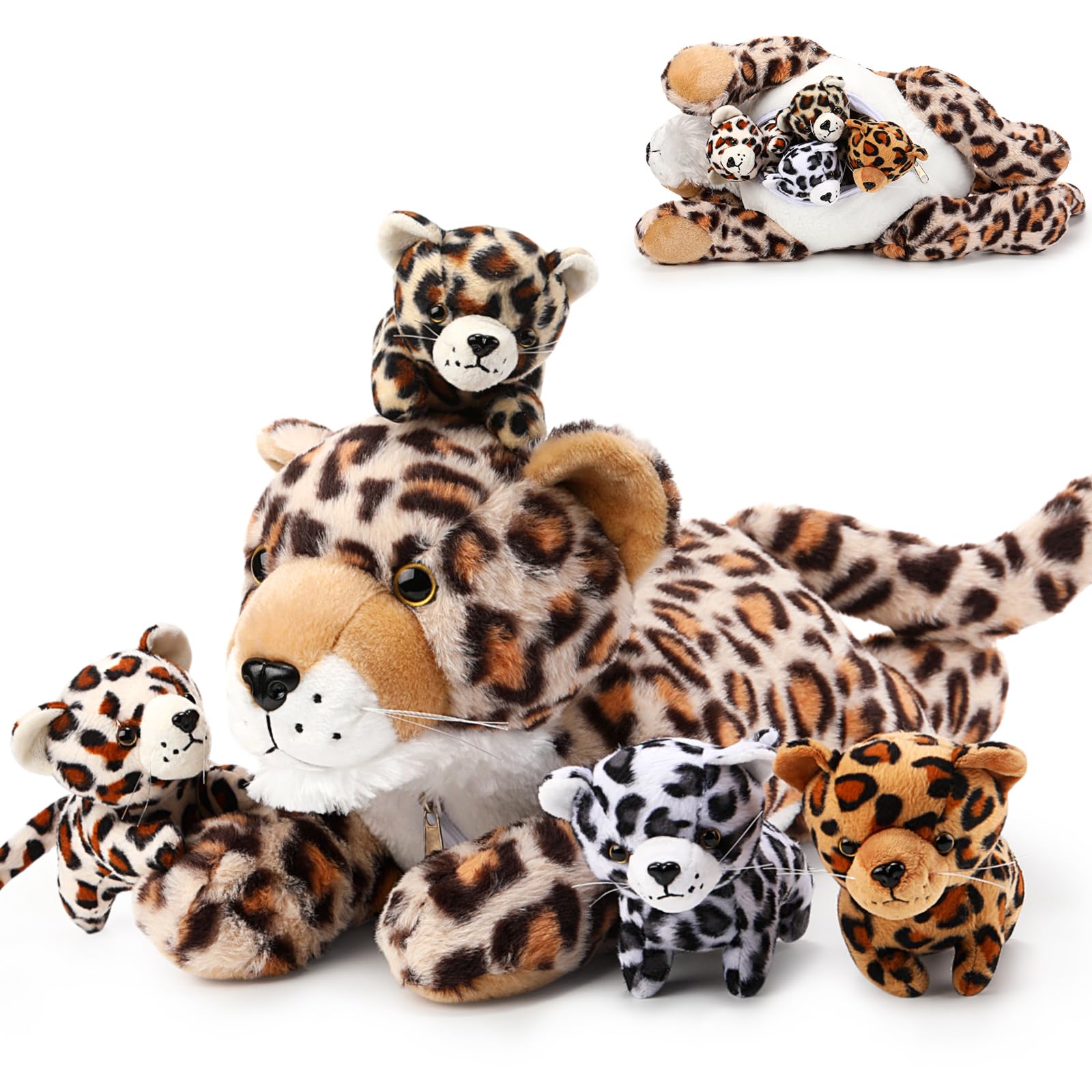 Silipull 5 Pcs Cheetah Stuffed Animals for Kids Large Mommy Cheetah Plush with 4 Baby Leopard Plush Toys in Tummy for Girls Boys