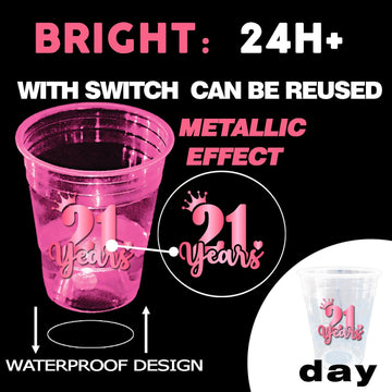 24 Pcs Glow Pink 21St Birthday Party Cups,Happy 21St Birthday Cups For Her,Pink Birthday Party For Finally Legal Decorations,Hap