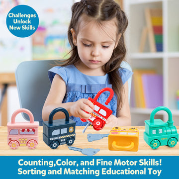 Gkdoms Montessori Learning Toys Sorting & Matching Locks And Keys Toddlers Sensory Car Activity Fine Motor Toy, Birthday New Year Valentine'S Gifts For Kids Age 2-5 Years, Back To School