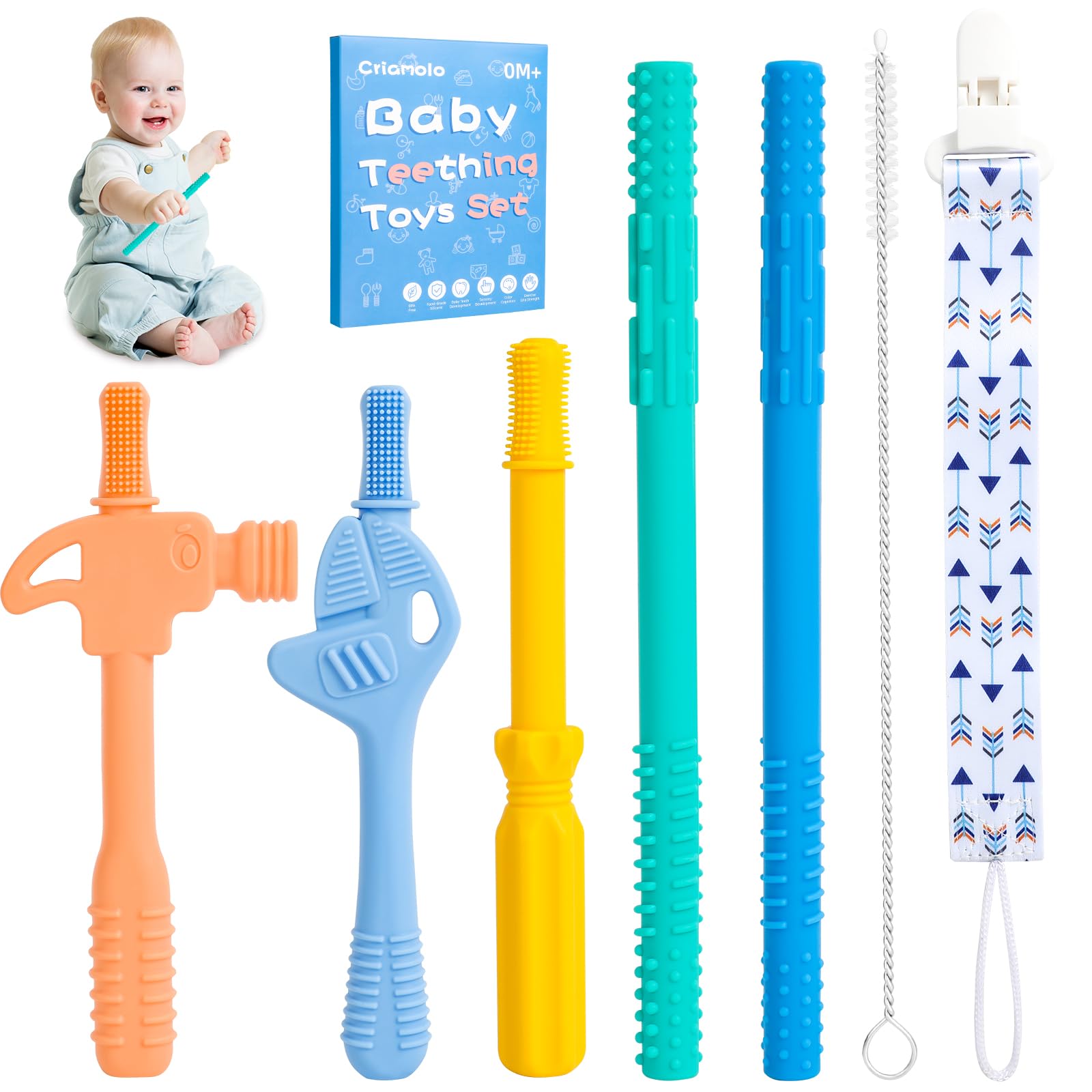 Hollow Teether Tube, Chew Straws For Toddlers 6-12 Months, Bpa Free Silicone Baby Molar Teether Chew Toys, 5 Pack Teething Toys 