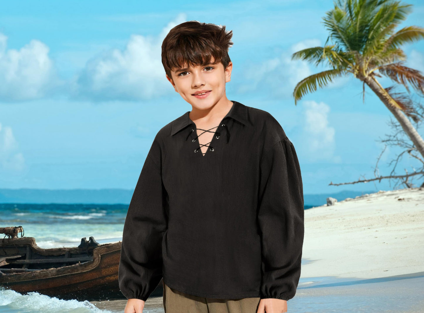 Kids Medieval Viking Pirate Renaissance Retro Costume Shirt For Boys Halloween Party Cosplay 3-4T Black