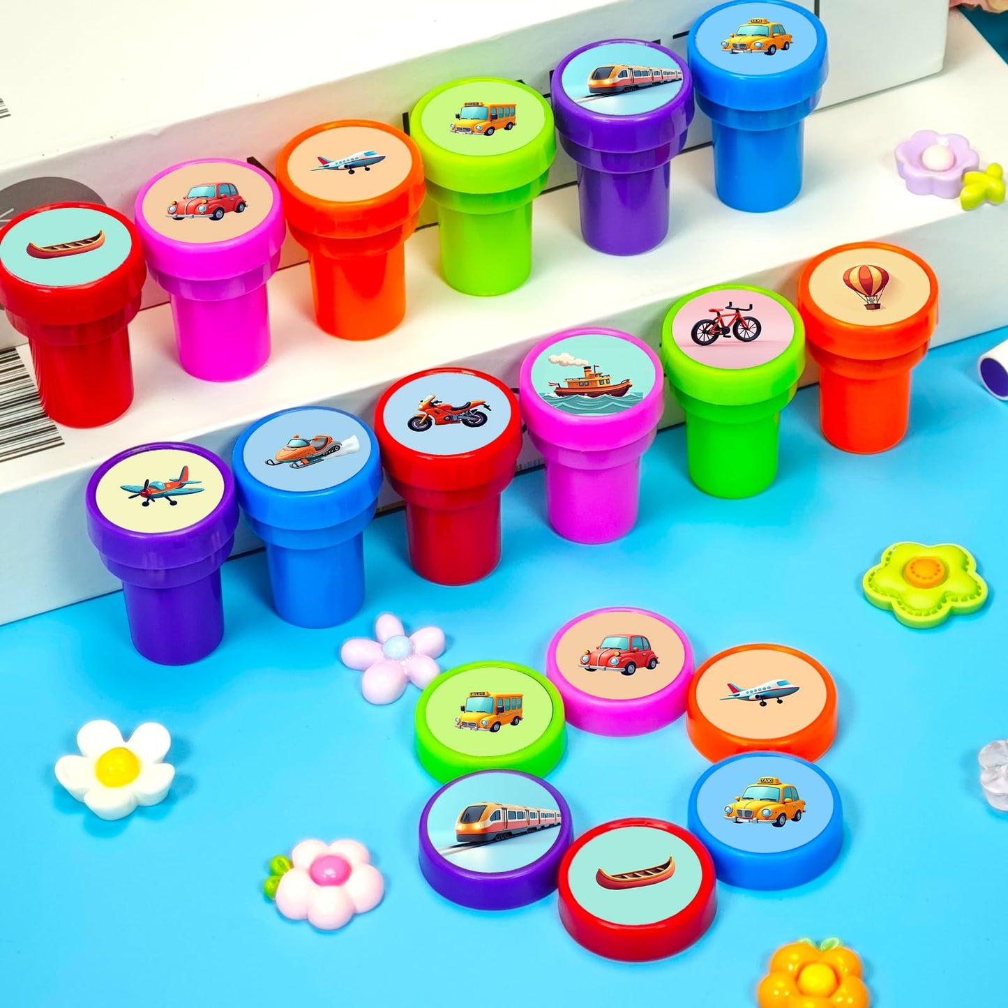 Cinrobiye 24 Pcs Transportation Stampers for Kids, Traffic Vehicle Stamp Set with Trucks Planes Trains Fire Trucks Police Cars f
