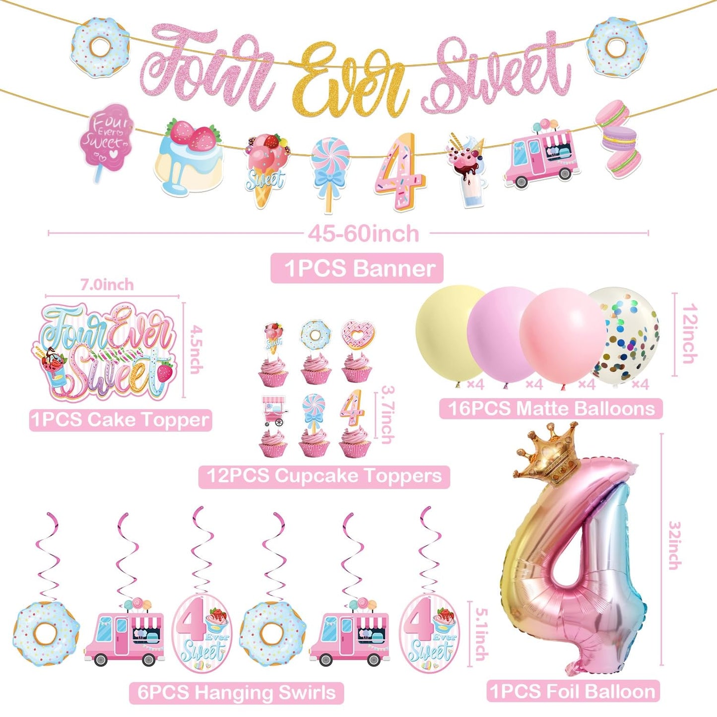 Juyrle Four Ever Sweet Birthday Decorations Girl- Ice Cream Birthday Party Decorations With Donut Banner Ice Cream Cake Toppers 4Th Foil Balloon Arch For 4 Year Old Macaron Birthday Party Supplies